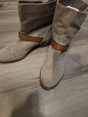 Coach "AMY" Women's Taupe Suede Mid-Calf Boots with Brown Leather Strap